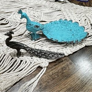 Vintage Turquoise Cast Iron Peacock Soap Dish Display Bowl Set of 2 Boho Shabby